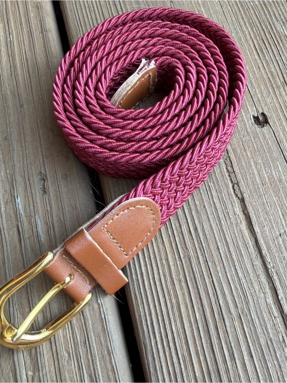 Burgundy Wine Braided Stretch Belt Gold Buckle Tan Leather Trim 45”